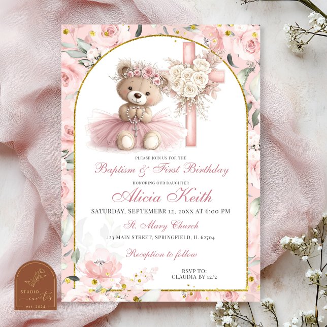 Invitación Pink Bear Baptism & First Birthday Invitation (Subido por el creador)