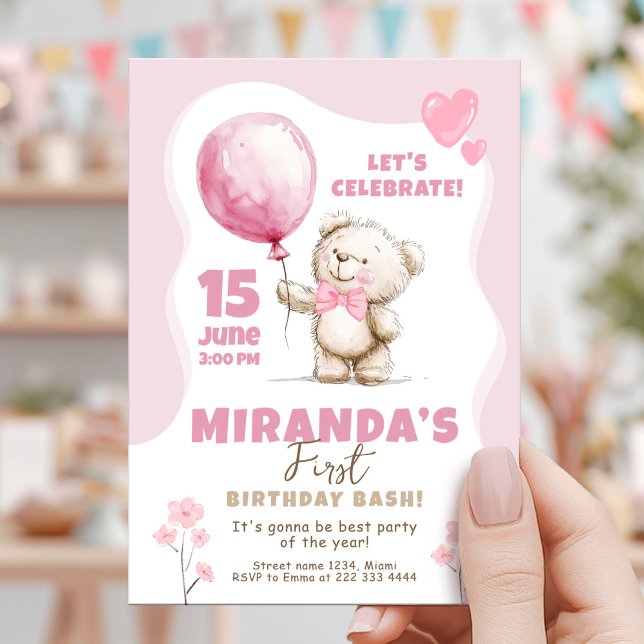 Invitación Pink Bear Birthday Bash 1st birthday (Subido por el creador)