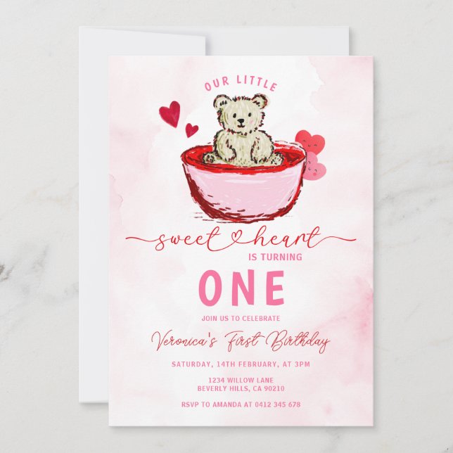Invitación Pink Bear Sweetheart Valentine 1st Birthday (Anverso)