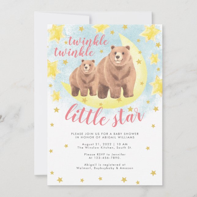 Invitación Pink Bears Gold Twinkle Little Star Baby Shower (Anverso)