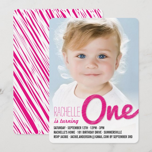 Invitación Pink Big Sketch One Baby Girl First Birday Party (Anverso / Reverso)