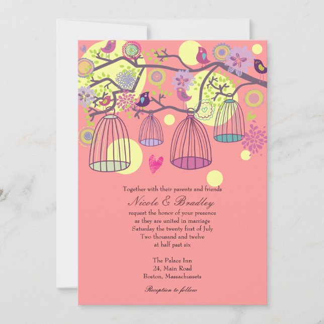 Invitación Pink Bird Cage Love Birds Wedding Invitation (Anverso)