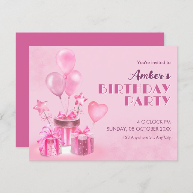 Invitación Pink Birthday Party (Anverso / Reverso)