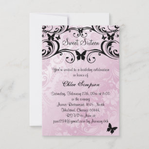 Invitación Pink & Black Butterfly & Flower Sweet16