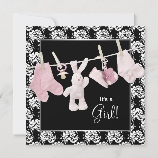 Invitación Pink Black Clothesline Baby Girl Shower (Anverso)