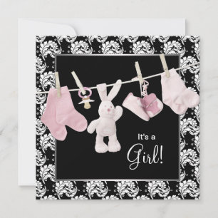 Invitación Pink Black Clothesline Baby Girl Shower