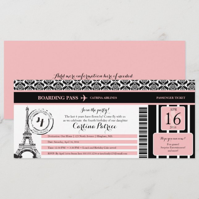 Invitación Pink Black Damask Paris Birday Boarding Pass (Anverso / Reverso)