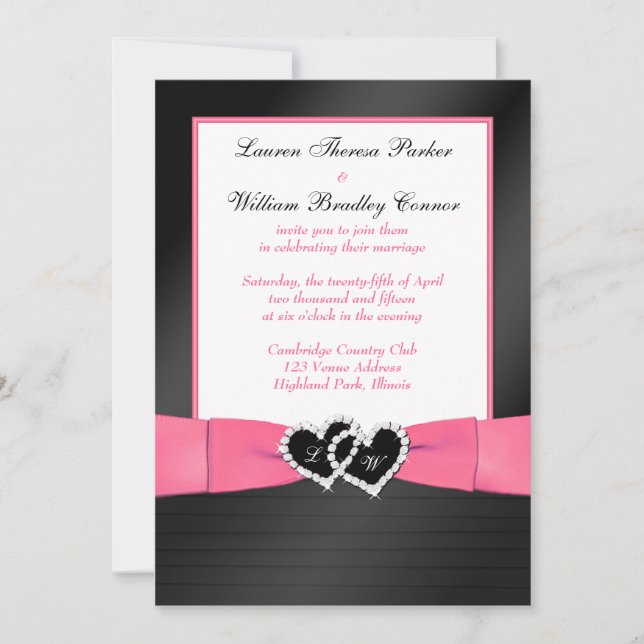 Invitación Pink, Black FAUX Pleats Hearts Wedding Invite 2 (Anverso)