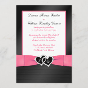 Invitación Pink, Black FAUX Pleats Hearts Wedding Invite 2