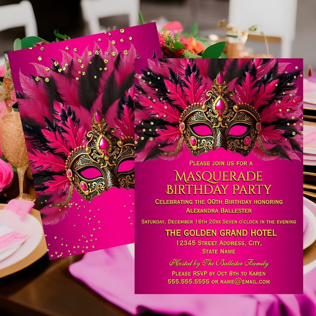 Invitación Pink Black Gold Masks Masquerade Birthday Party (Subido por el creador)