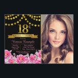 Invitación Pink Black Gold Modern 18th Birthday Party<br><div class="desc">Chicas invitación a la fiesta de cumpleaños número 18 con hermosos números de oro y pancartas en un fondo floral rosa y dorado bonito. Esta elegante y moderna invitación a la fiesta de 18 años se personaliza fácilmente para tu evento, simplemente añadiendo tus detalles de fotos y eventos en el...</div>