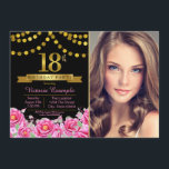 Invitación Pink Black Gold Modern 18th Birthday Party<br><div class="desc">Chicas invitación a la fiesta de cumpleaños número 18 con hermosos números de oro y pancartas en un fondo floral rosa y dorado bonito. Esta elegante y moderna invitación a la fiesta de 18 años se personaliza fácilmente para tu evento, simplemente añadiendo tus detalles de fotos y eventos en el...</div>