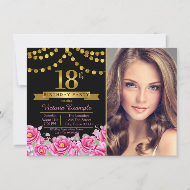 Invitación Pink Black Gold Modern 18th Birthday Party (Anverso)