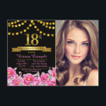 Invitación Pink Black Gold Modern 18th Birthday Party<br><div class="desc">Chicas invitación a la fiesta de cumpleaños número 18 con hermosos números de oro y pancartas en un fondo floral rosa y dorado bonito. Esta elegante y moderna invitación a la fiesta de 18 años se personaliza fácilmente para tu evento, simplemente añadiendo tus detalles de fotos y eventos en el...</div>