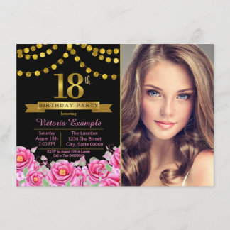 Invitación Pink Black Gold Modern 18th Birthday Party