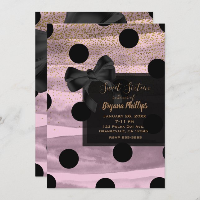 Invitación Pink Black & Gold Polka Dots Moda Bow Glam Fiesta (Anverso / Reverso)