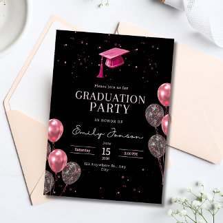Invitación Pink Black Graduation Party Girly Balloons Grad