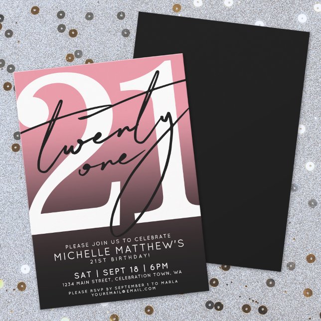 Invitación Pink Black Modern 21st Birthday (Pink Black Modern 21st Birthday Invitation)