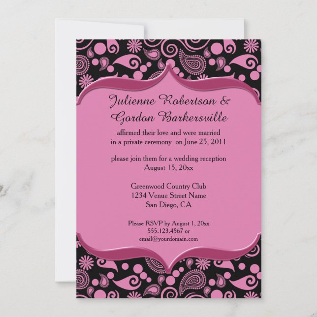 Invitación Pink Black Paisley Ornate Pink Frame Post Boda (Anverso)