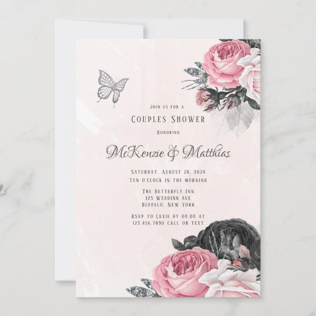 Invitación Pink Black Peony Plata Butfly Ducha (Anverso)