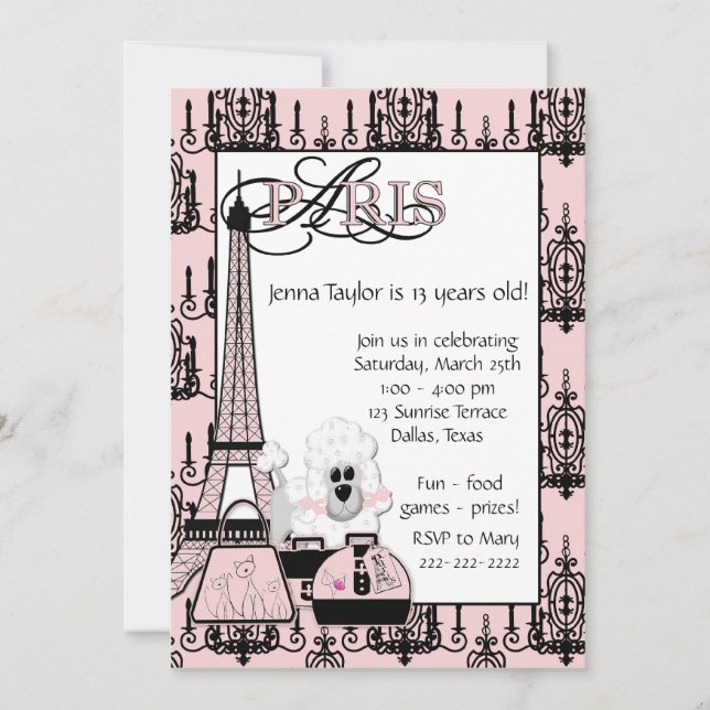 Invitación Pink Black Poodle Paris Girls Birday Party (Anverso)