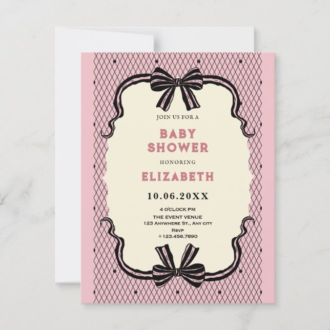Invitación Pink black retro bow baby shower (Anverso)