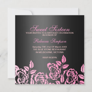Invitación Pink & Black Rose Petal Sweet 16 Birthday Invite