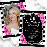 Invitación Pink Black Silver Foto 50 cumpleaños<br><div class="desc">Elegante invitación de 50 años floral femenina con tu foto al fondo de la tarjeta. Diseño de color rosa negro brillante con una falsa plata purpurina. Presenta rayas en blanco y negro, rosas rosas rosas rosas, tipo de letra de guión y confeti. Perfecto para un elegante fiesta de celebración de...</div>