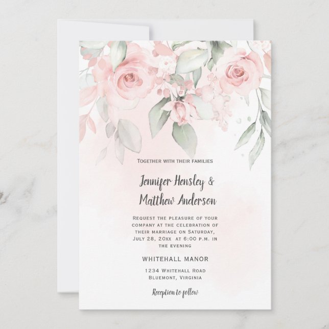 Invitación Pink Bliss Pastel Boda Floral Verde y Rosa (Anverso)
