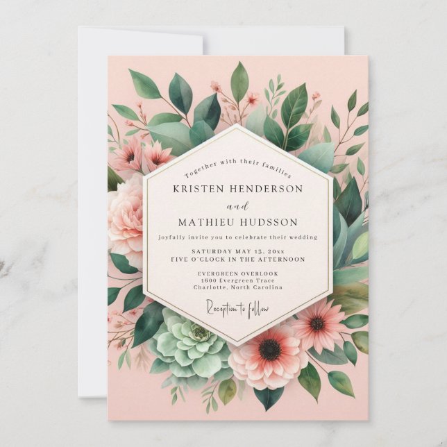 Invitación Pink Bloom Botanical Wedding (Anverso)