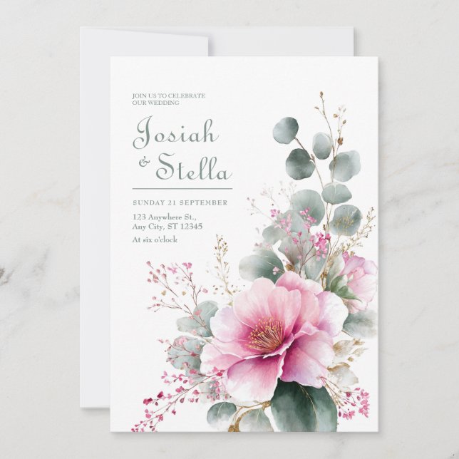 Invitación Pink Bloom Eucalyptus Gold Glitter Watercolor (Anverso)
