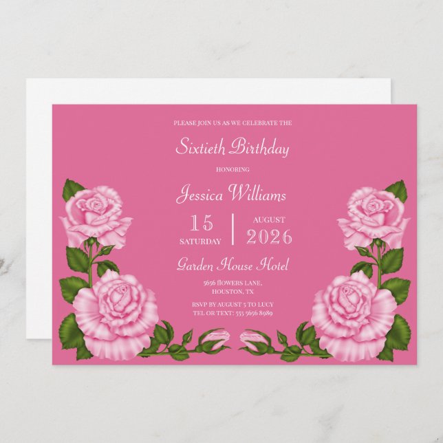 Invitación Pink Blossom Decoration 60th Birthday (Anverso / Reverso)