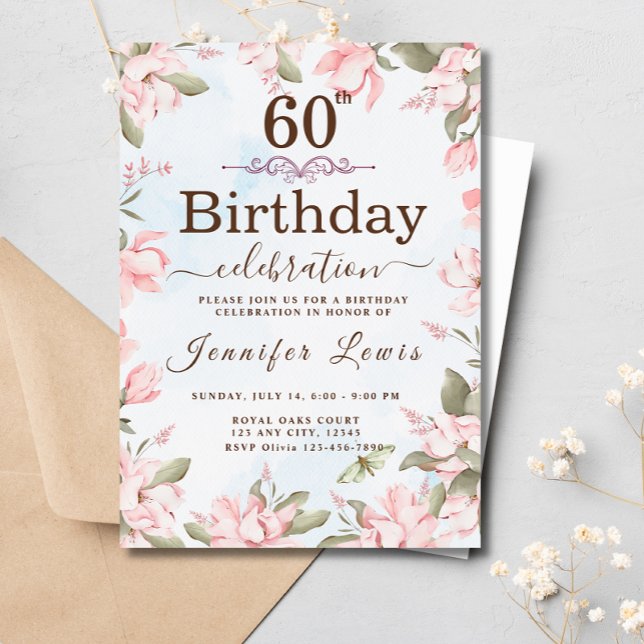 Invitación Pink Blue 60 Fabulous Floral Birthday Party (Subido por el creador)