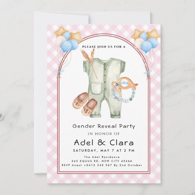 Invitación Pink & Blue Baby Shoes Theme (Anverso)