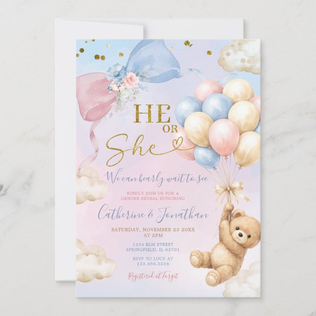 Invitación Pink & Blue Balloon He Or She Bear Gender Reveal (Anverso)