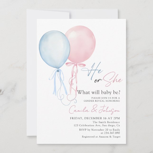 Invitación Pink Blue Balloons Gender Reveal Invitation (Anverso)