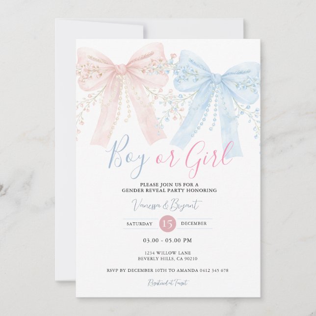 Invitación Pink & Blue Bow Watercolor Reveal Party (Anverso)