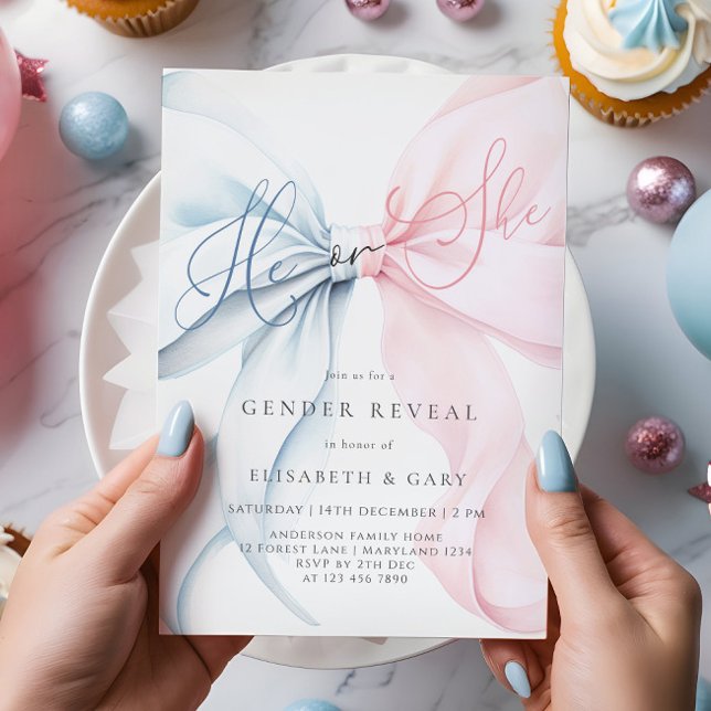 Invitación Pink & Blue Bows Gender Reveal Invitation (Subido por el creador)