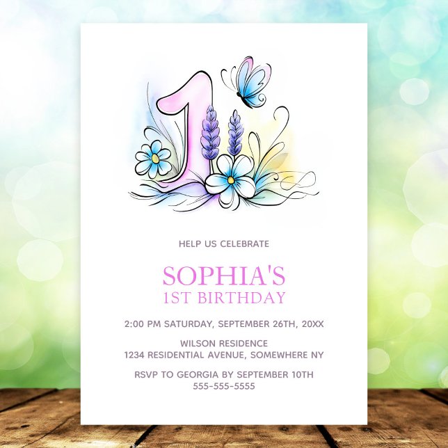 Invitación Pink Blue Butterfly Flowers 1st Birthday Party (Subido por el creador)