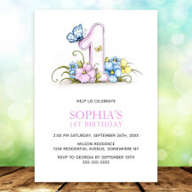 Pink Blue Butterfly Flowers 1st Birthday Party
