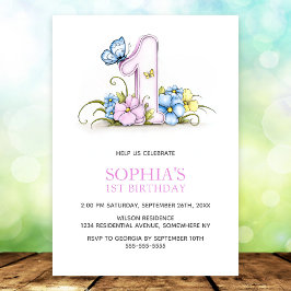 Invitación Pink Blue Butterfly Flowers 1st Birthday Party