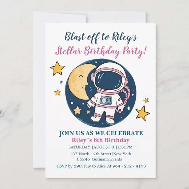 Invitación Pink Blue Cumpleaños Astronauta Fiesta (Anverso)