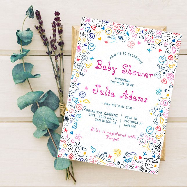 Invitación Pink Blue Cute precioso Doodle Funny Toy Baby Show (Subido por el creador)