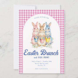 Invitación Pink Blue Floral Bunny Watercolor Gingham Easter