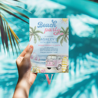 Invitación Pink Blue Girl Kid Beach Birthday Party Invitation