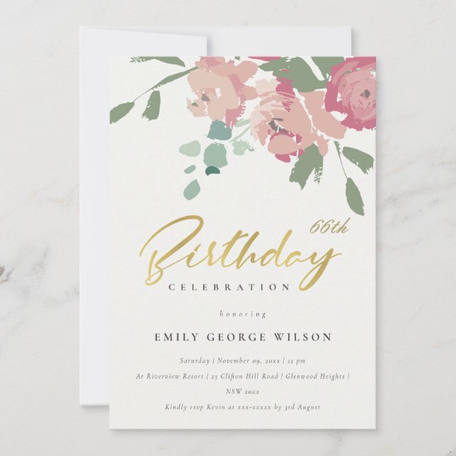 INVITACIÓN PINK BLUE GOLD PEONY FLORAL CUALQUIER CUMPLEAÑOS (Anverso)