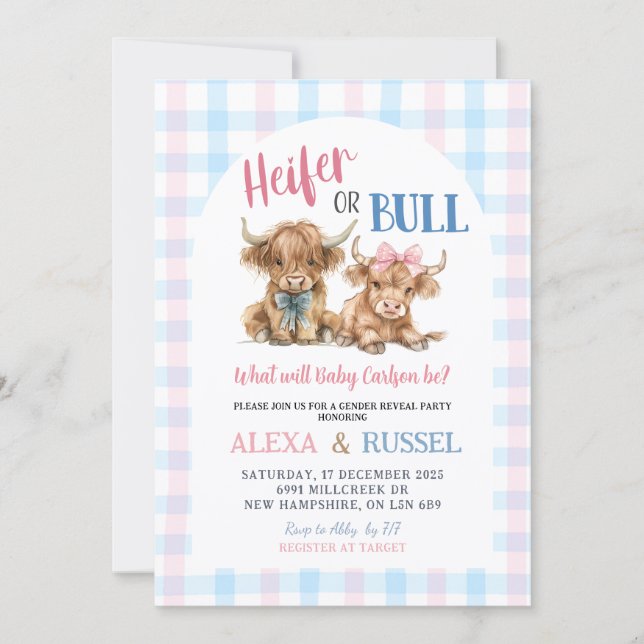 Invitación Pink Blue Heifer Bull Gender Reveal Invitation (Anverso)