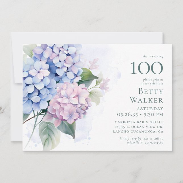 Invitación Pink Blue Hydrangeas 100th Birthday Card Request (Anverso)