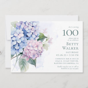 Invitación Pink Blue Hydrangeas 100th Birthday Card Request
