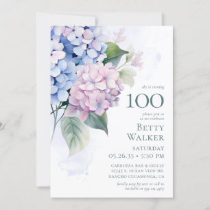 Invitación Pink Blue Hydrangeas 100th Birthday Card Request